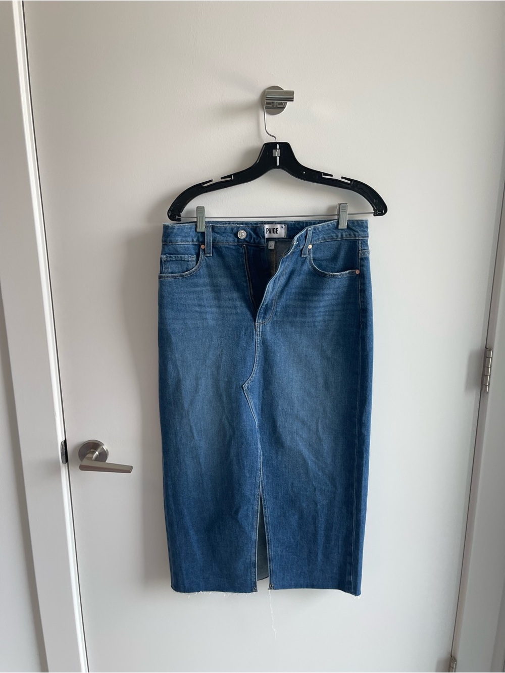 PAIGE Medium Blue Denim Midi Skirt with Front Slit